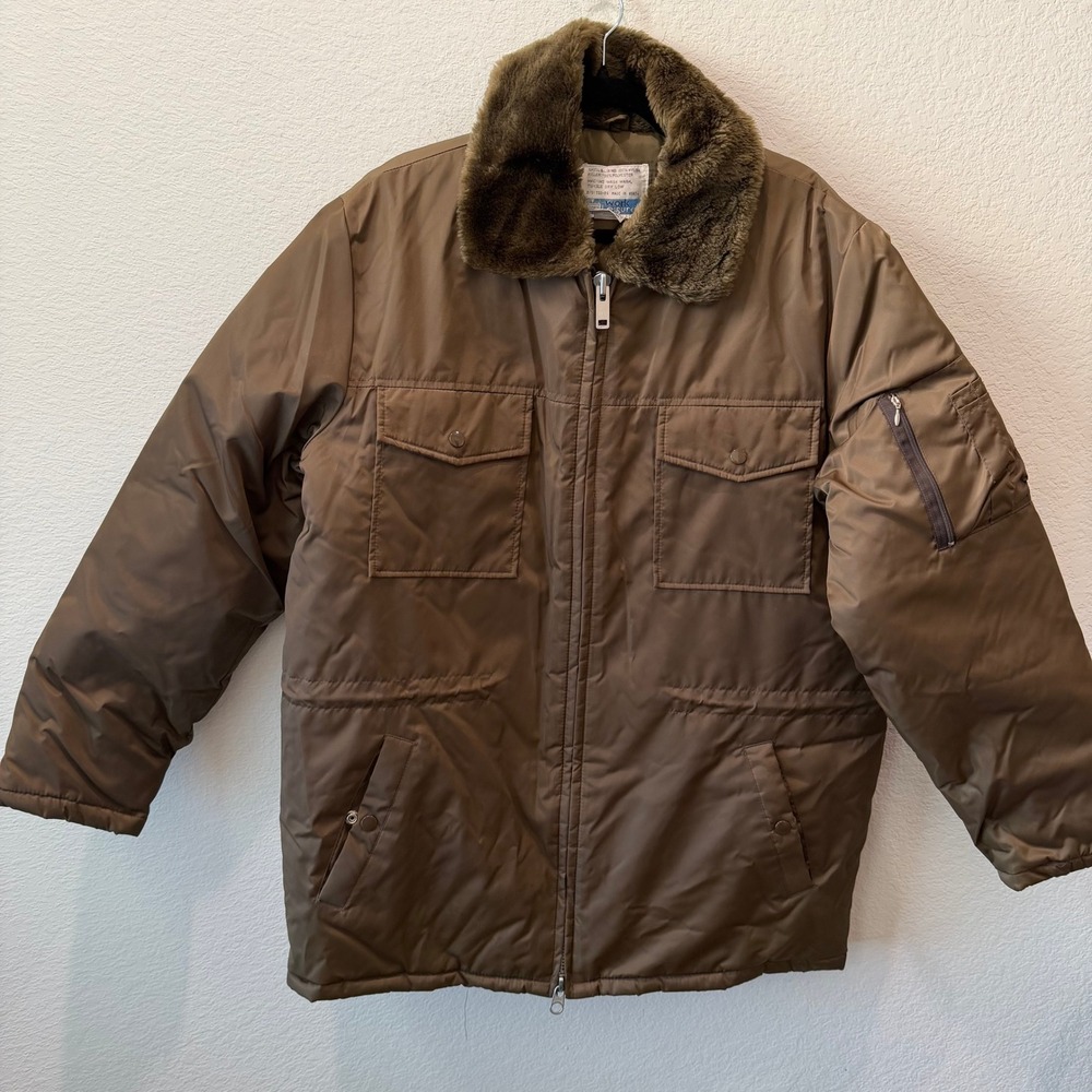 Vintage Sears Work Leisure Mens Brown Nylon Quilted Parka Jacket Faux Fur L Tall